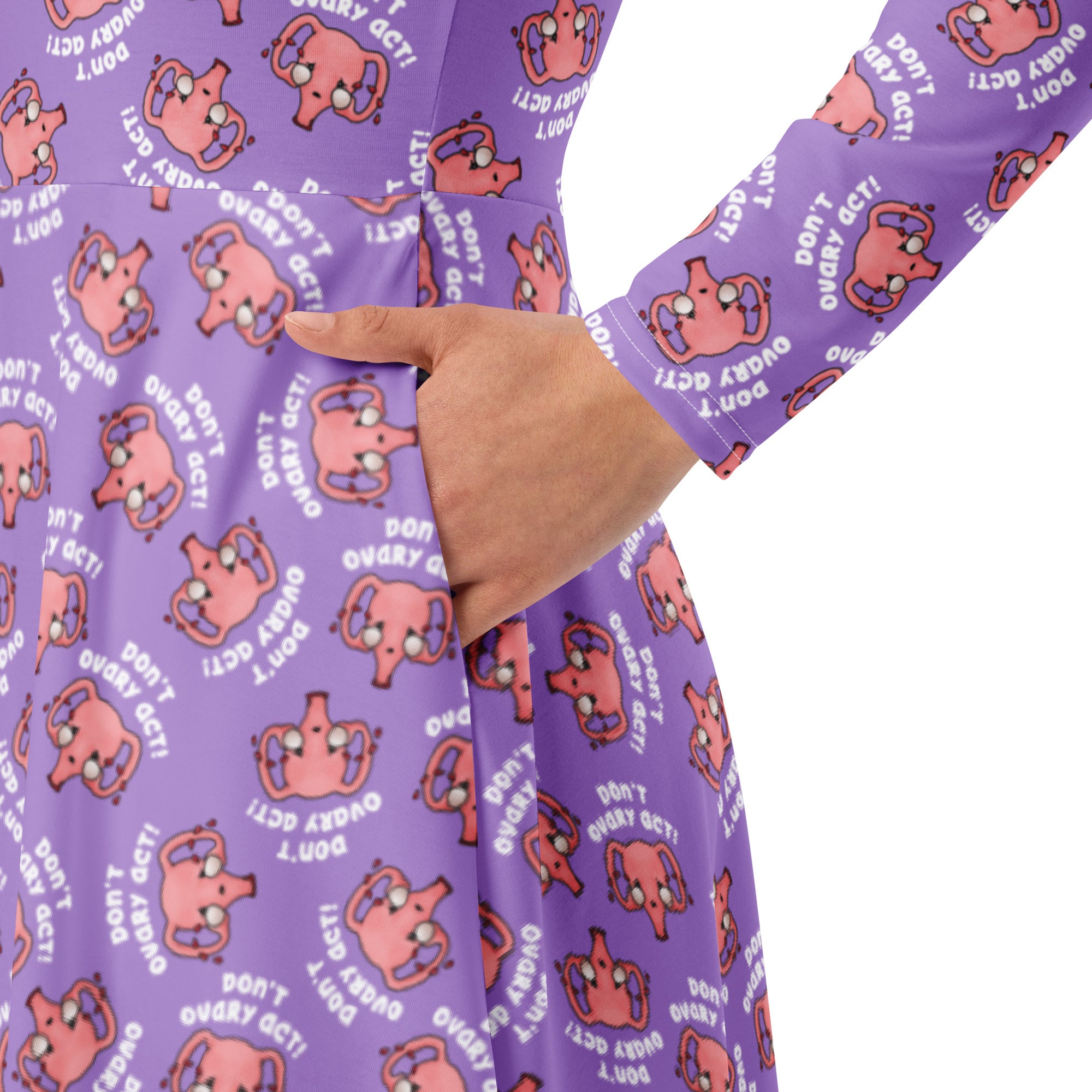 Close up of Don't Ovary Act dress in purple showing pockets